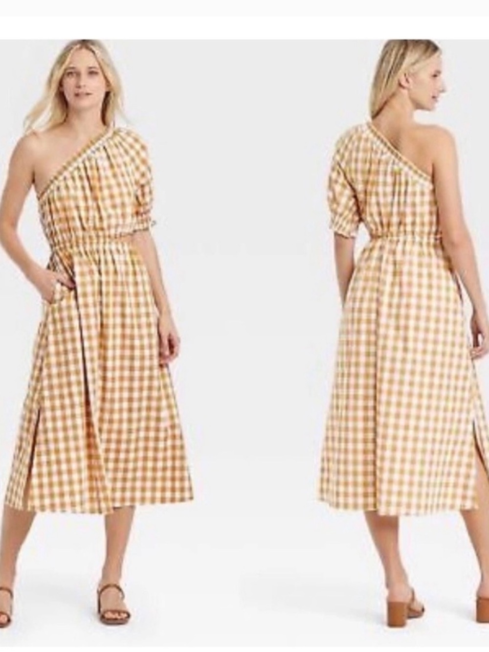 Who What Wear Honey Mustard and White Gingham One Shoulder Sundress - Picture 2 of 2